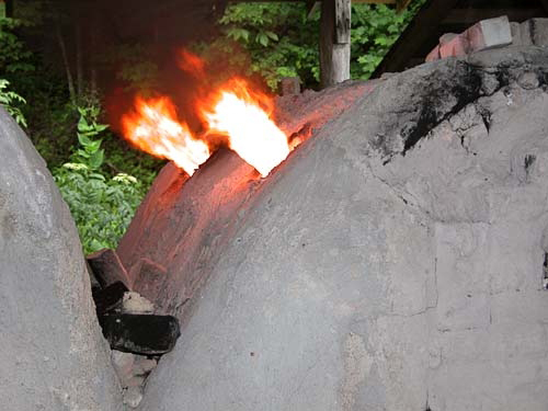 Wood fired kiln during firing.